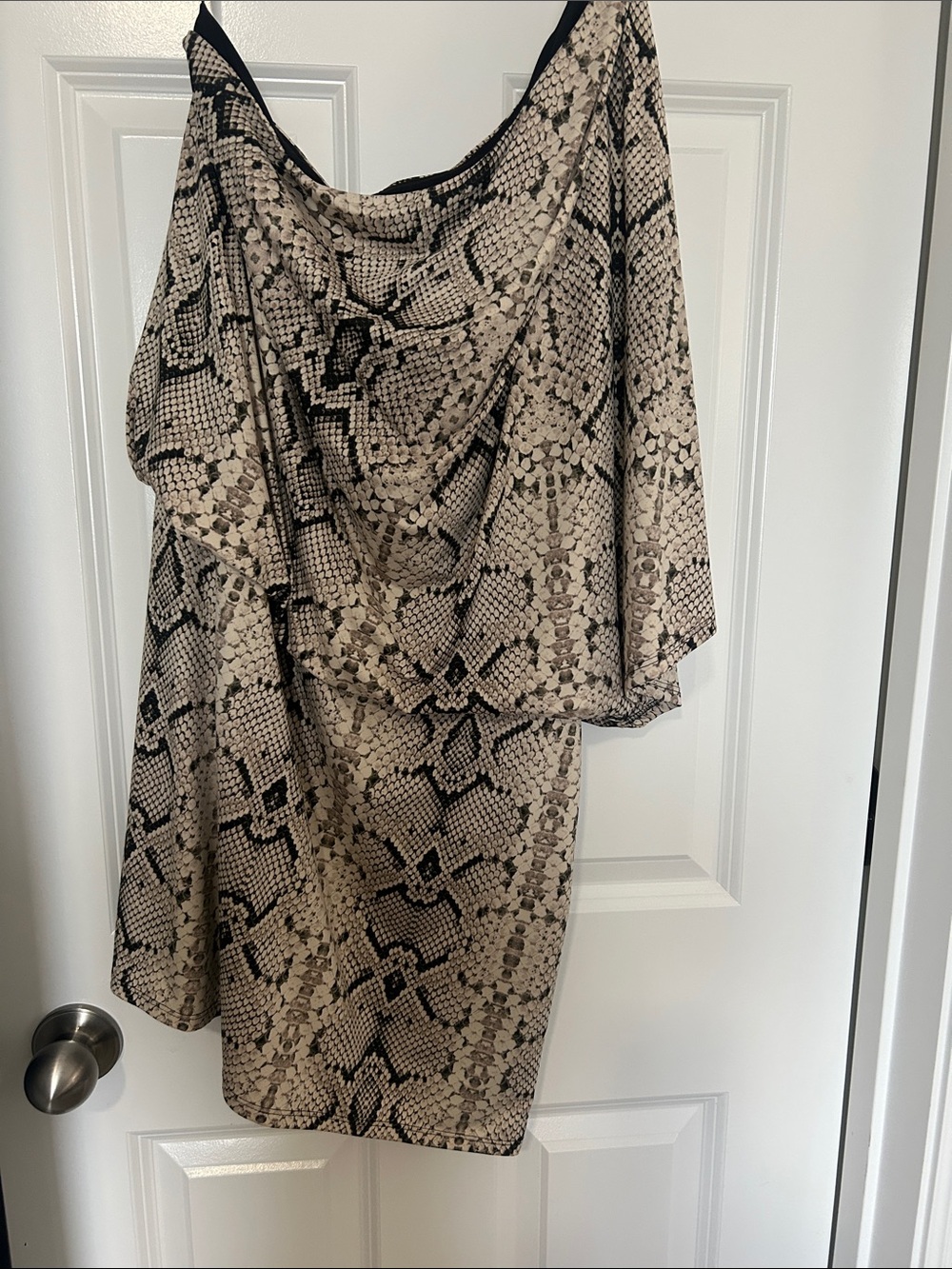 Jessica Simpson One-Shoulder Snake Print Dress in Beige and Black